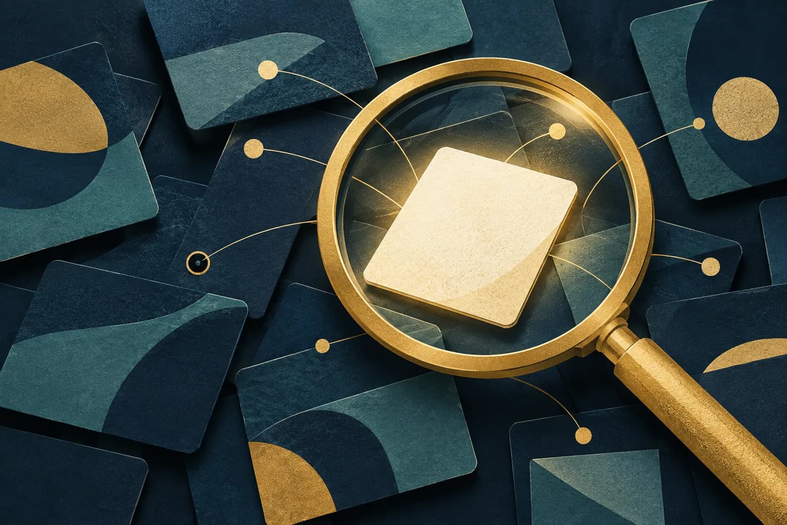 A gold magnifying glass reveals one bright tile among layers of information