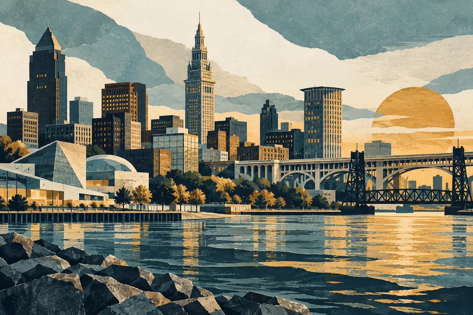 An illustrated Cleveland skyline and waterfront in navy, teal, and gold