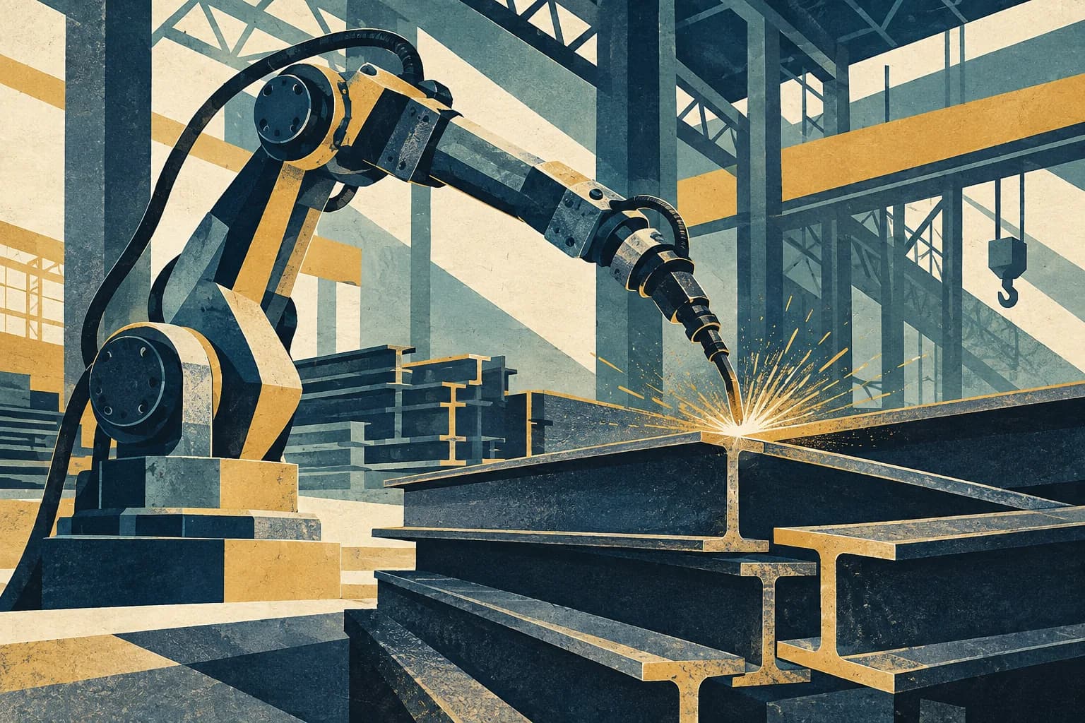 Conceptual illustration of a robotic arm welding structural steel beams